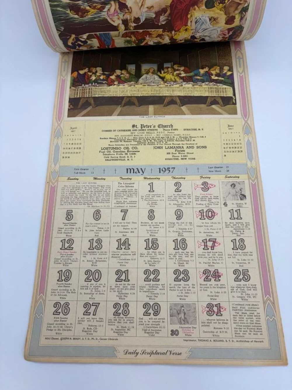 1957 Daily Scriptural Verse Calendar St Peters Church Syracuse NY Catholic Jesus